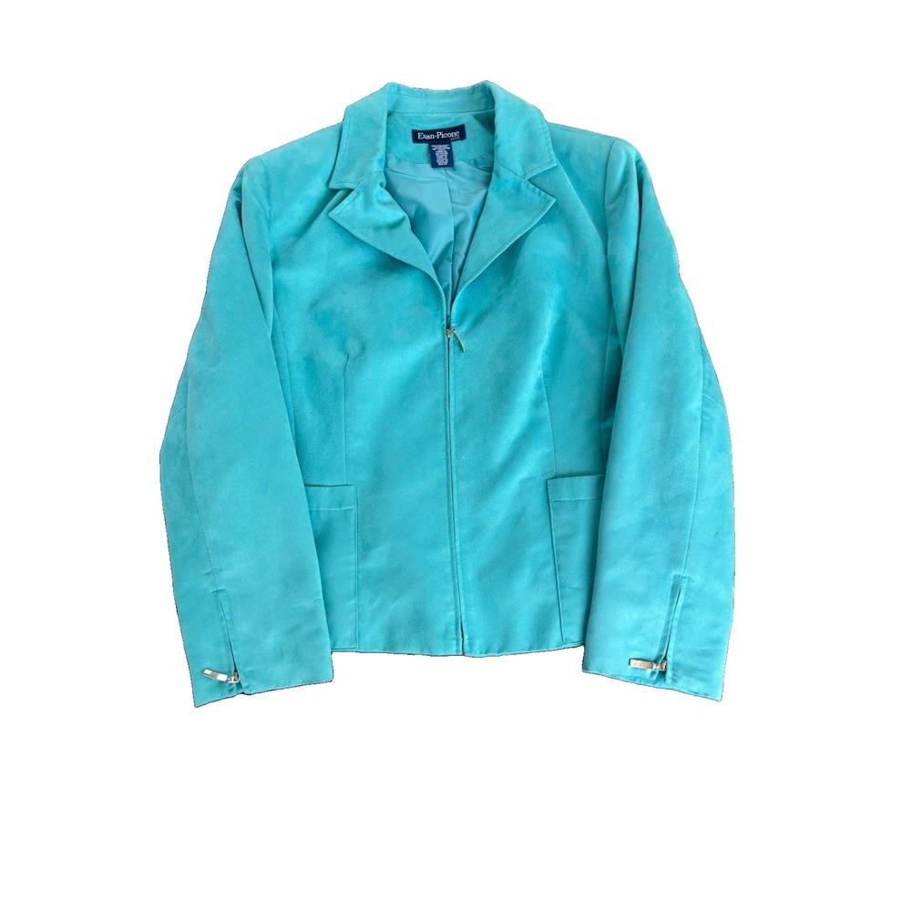 Evan Picone Teal Blazer Jacket Women's 12 Petite Zip Front Workwear Bright